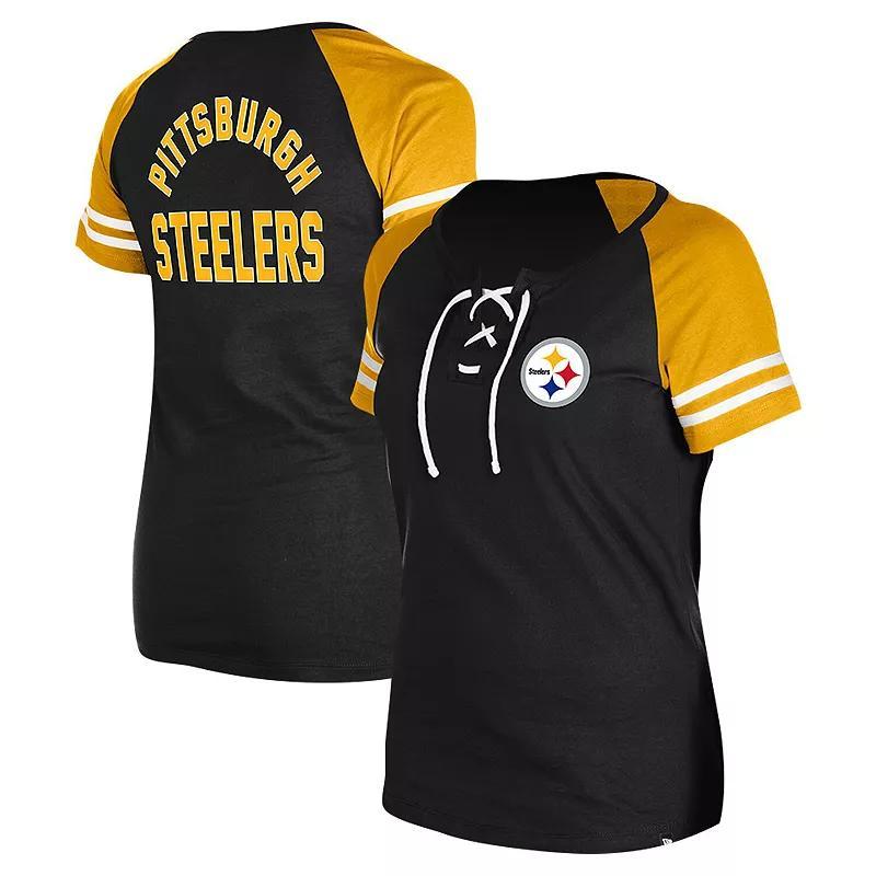 New Era Womens Black Pittsburgh Steelers Lace-Up Raglan T-Shirt Product Image