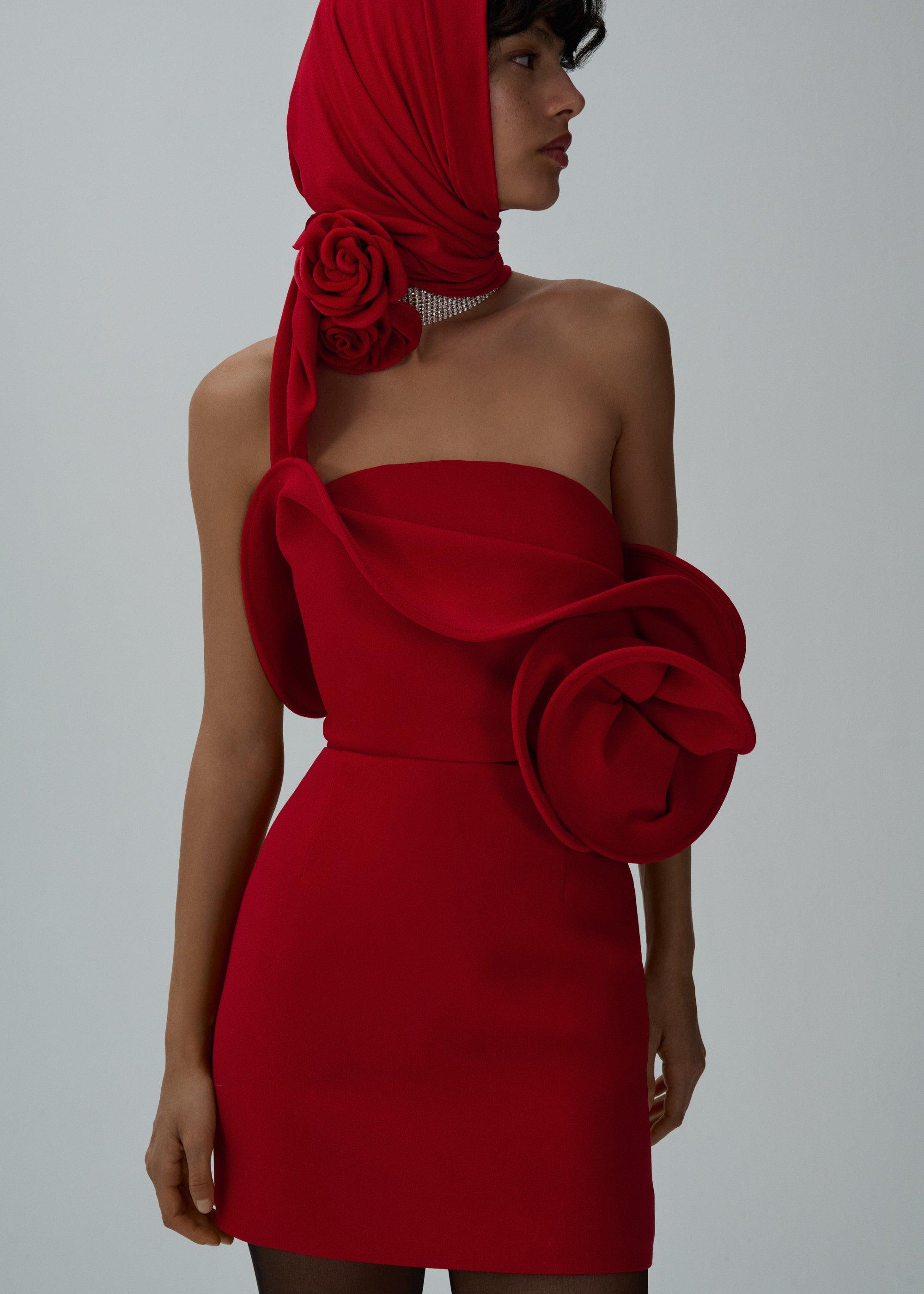 Sculptural rose mini dress in red Product Image