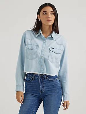 Women's Wrangler Cut-Off Denim Boyfriend Snap Shirt | Women's TOPS | Wrangler® product image