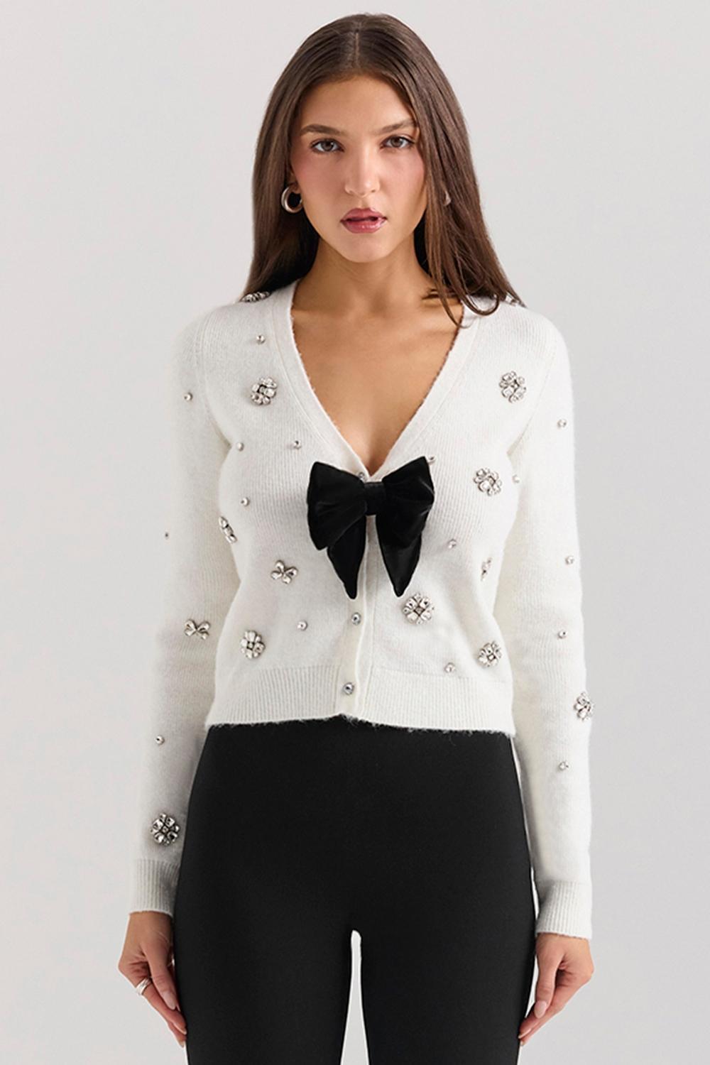 Beaubella Ivory Soft Mohair Embellished Cardigan Product Image