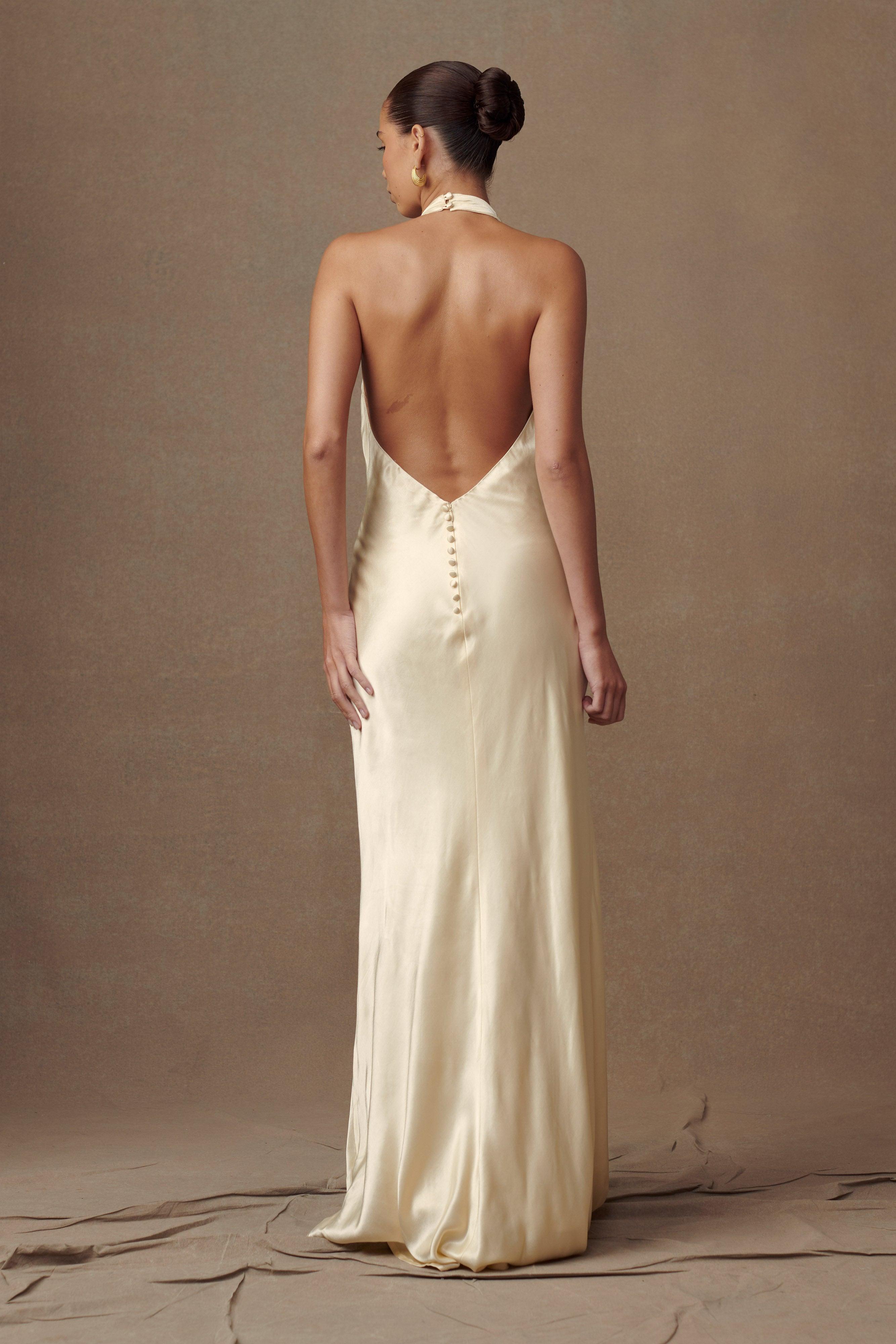 Esther Iridescent Satin Cowl Maxi Dress - Lemon Sorbet Product Image