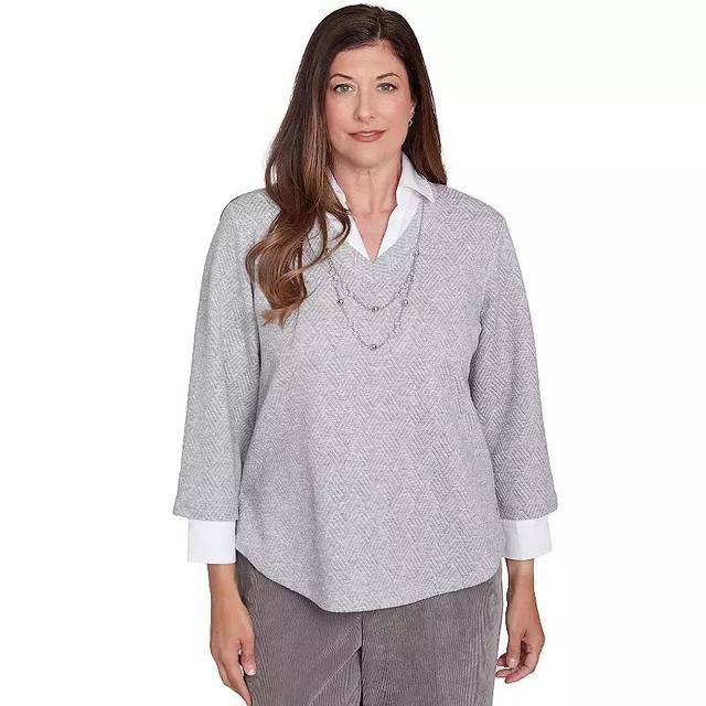 Womens Alfred Dunner Collared Two-In-One Pullover Top with Necklace Silver Product Image