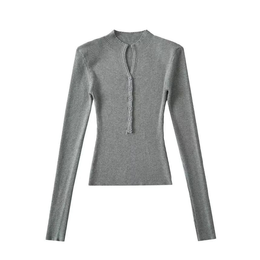 Long-Sleeve Half Buttoned Plain Knit Top Product Image