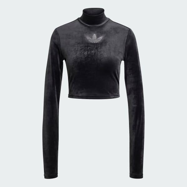 Long Sleeve Rhinestone Trefoil Velvet Crop Top Product Image