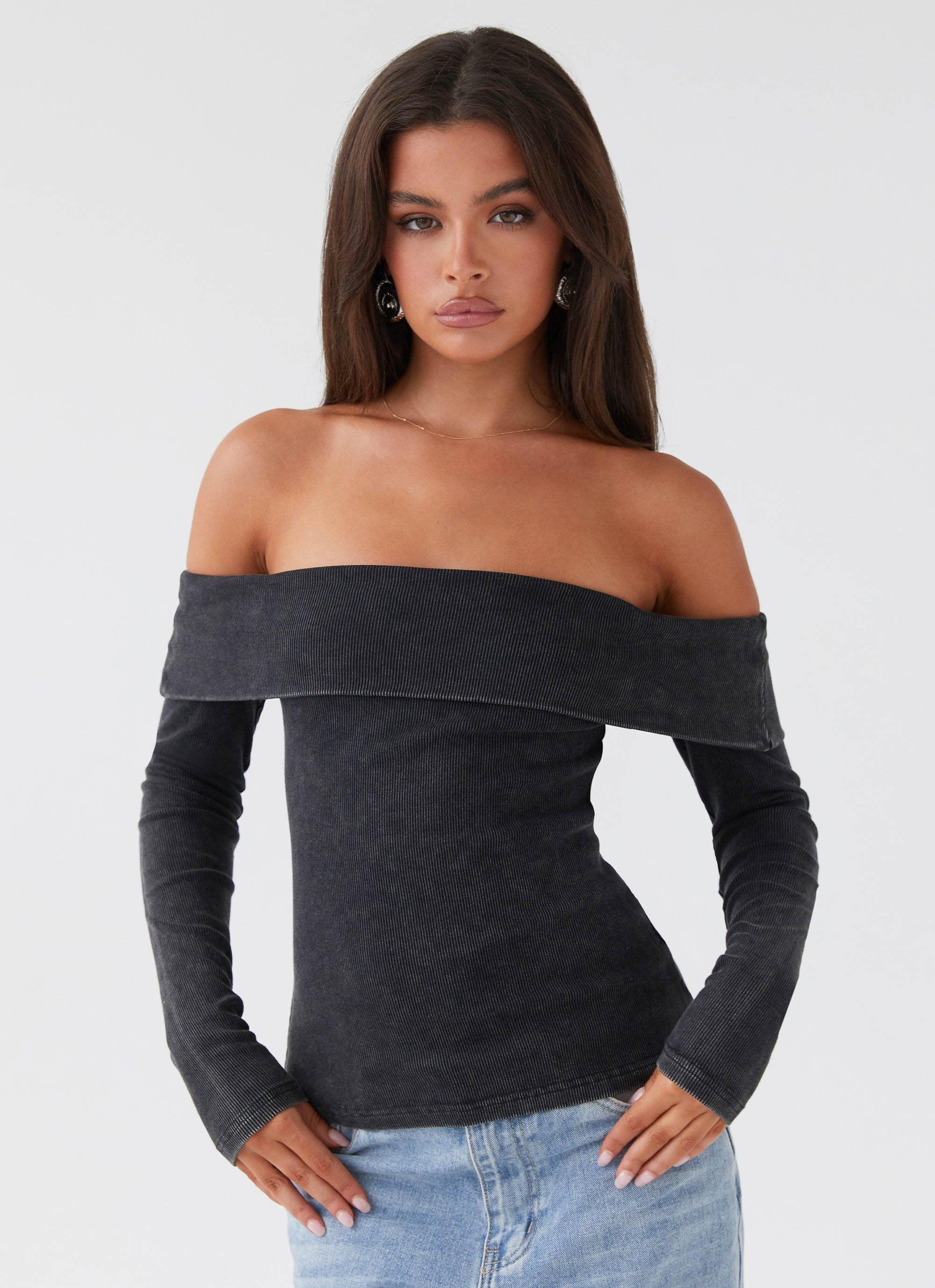 Hayley Long Sleeve Ribbed Top - Charcoal Acid Wash Product Image