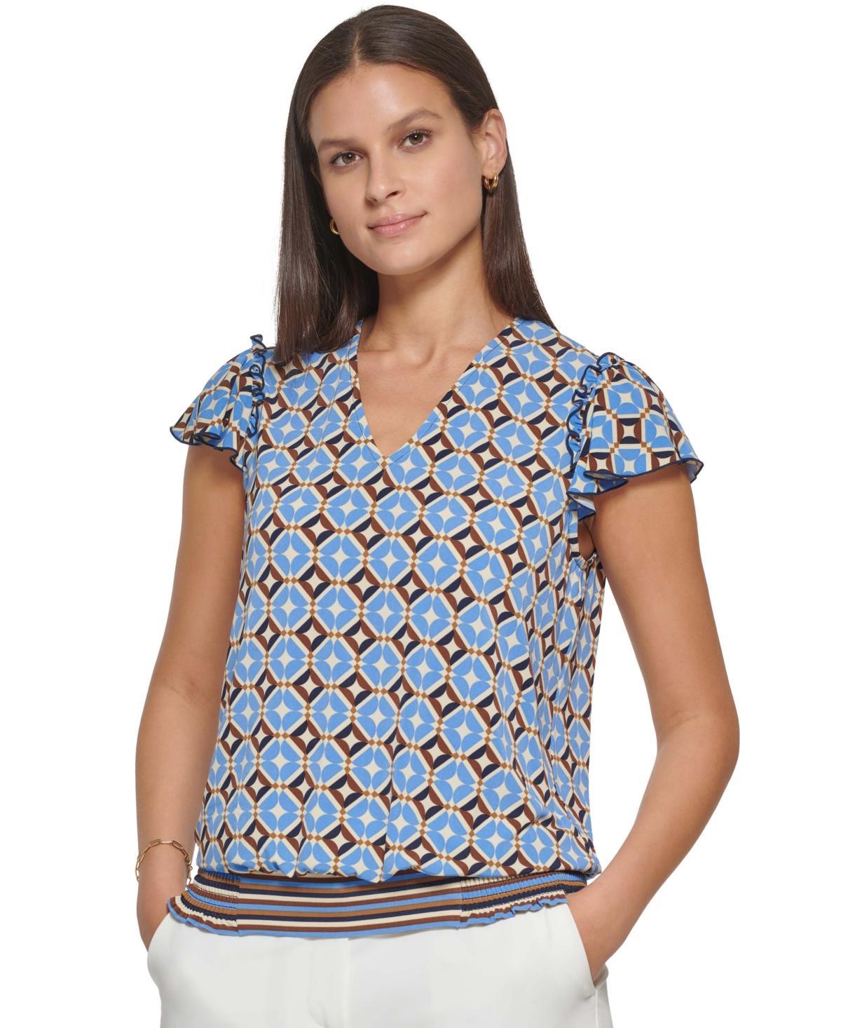 Blue & Orange Geometric Flutter-Sleeve V-Neck Top - Women Product Image