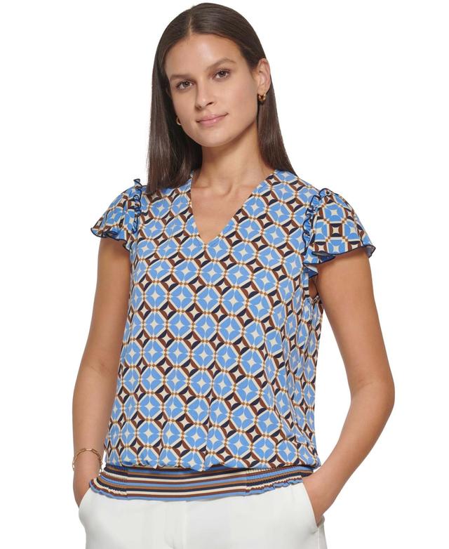 Tommy Hilfiger Womens Printed V-Neck Flutter-Sleeve Top Product Image