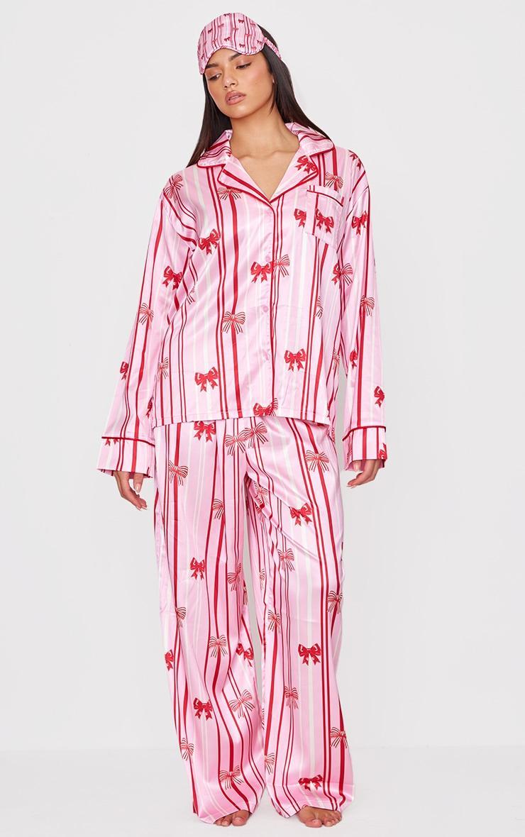 Pink Stripe Bow Print Satin Long Pj Set Product Image