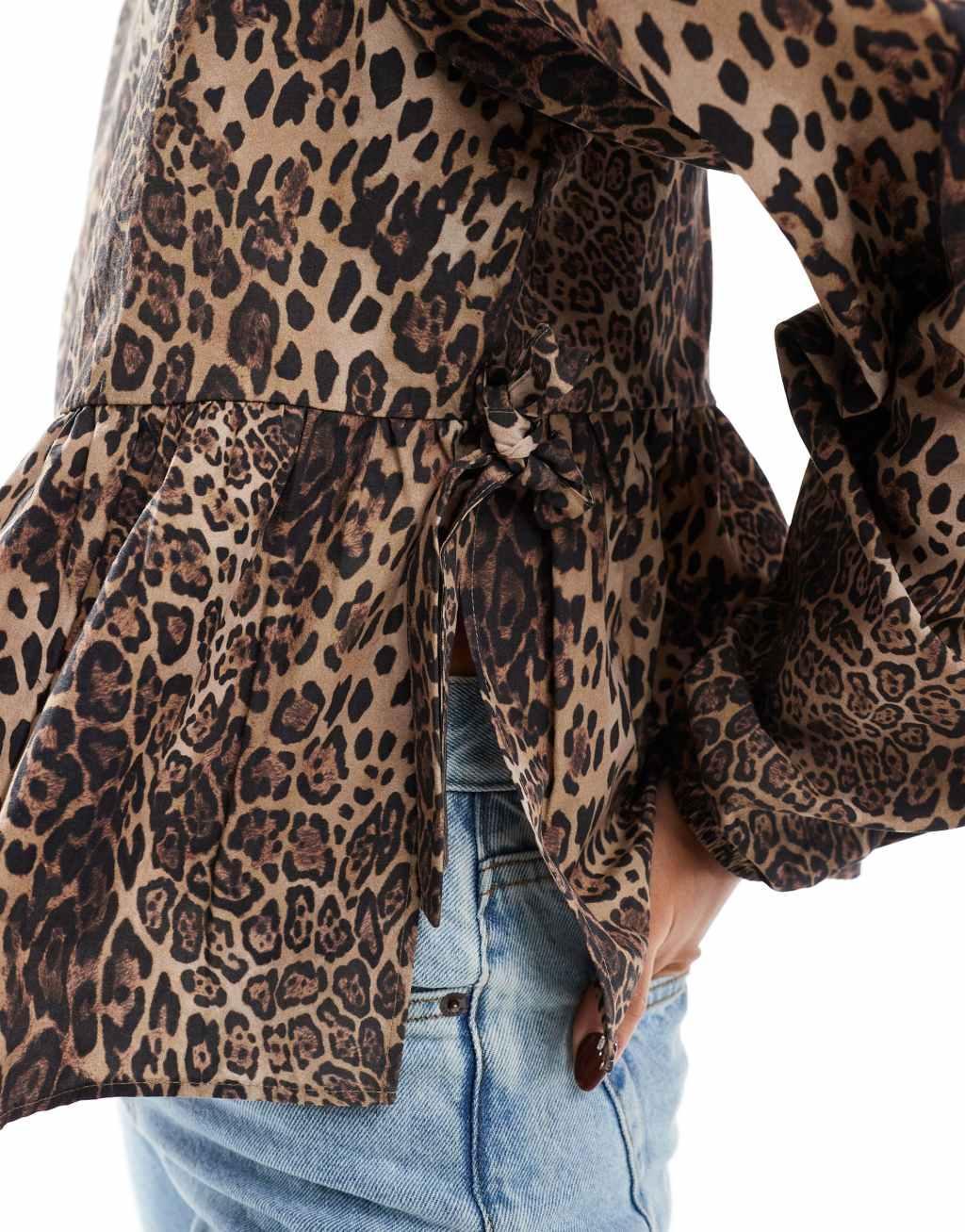 ASOS DESIGN poplin tie side smock blouse in leopard print Product Image