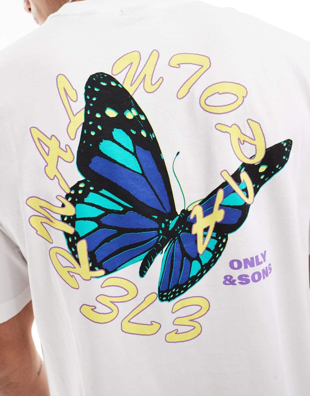 ONLY & SONS relaxed fit T-shirt with butterfly back print in white Product Image