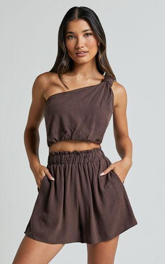 Raylene Two Piece Set - Linen Look Knotted One Shoulder Top and Paper Bag Waist Shorts in Tobacco product image