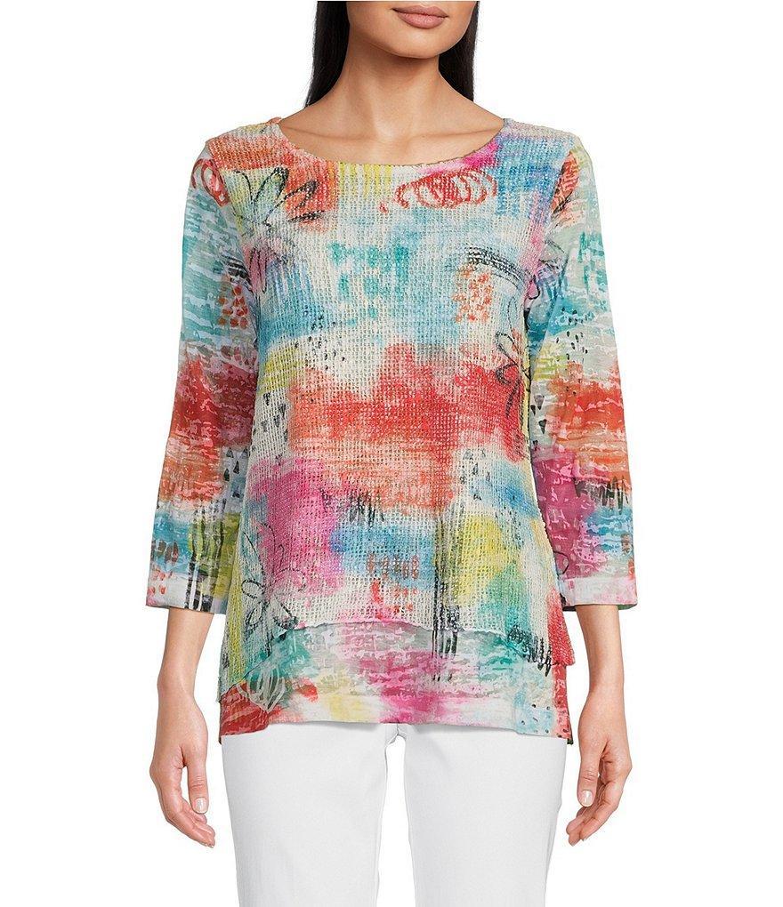 Ali Miles Petite Size Knit Abstract Print Round Neck 3/4 Sleeve Double Layered Popover Tunic Product Image