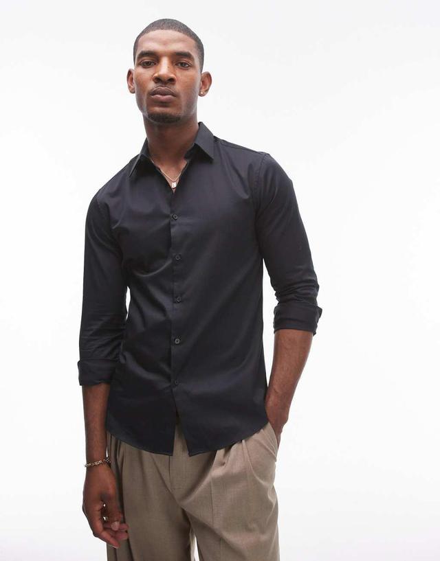 Topman long sleeve formal slim fit sateen shirt in black Product Image