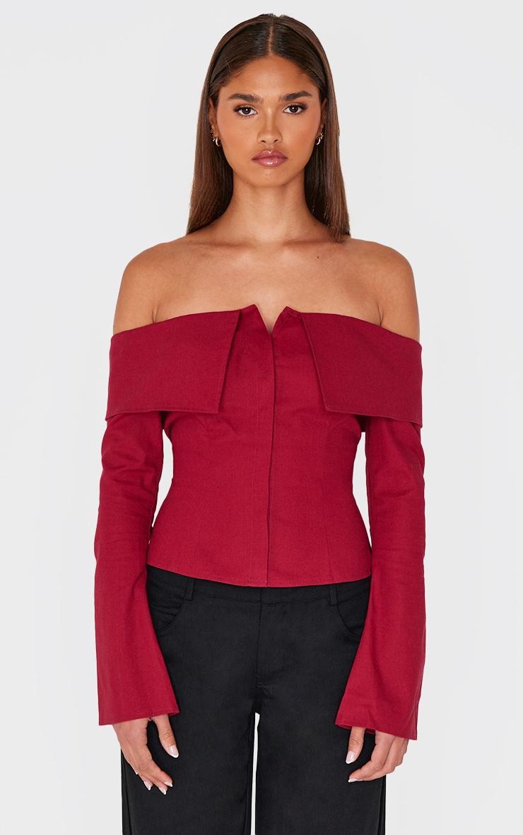 Burgundy Bardot Foldover Long Sleeve Top Product Image