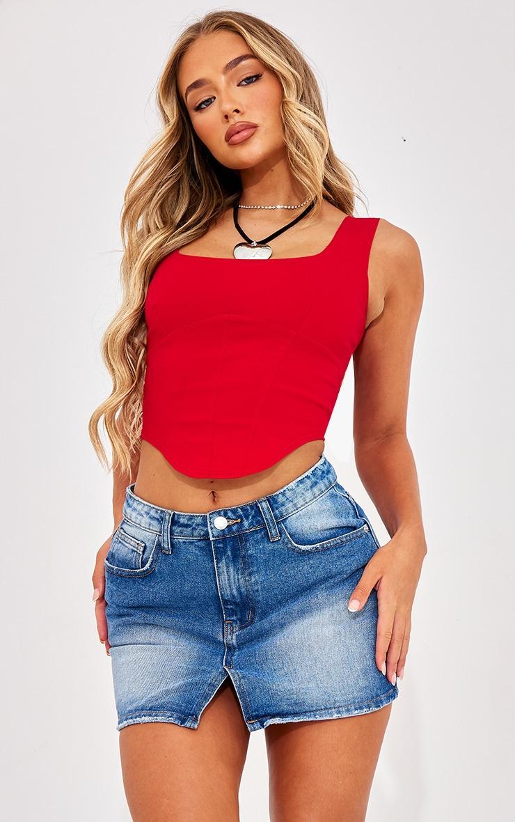 Red Stretch Woven Square Neck Corset Top Product Image