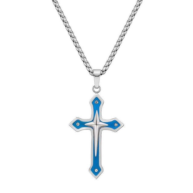 LYNX Mens Blue Ion-Plated Stainless Steel Cross Pendant Necklace Multicolor Product Image