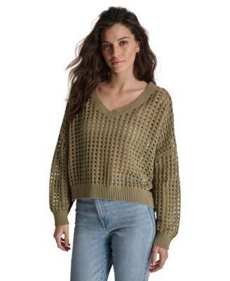 Women's V-Neck Open-Stitch Cotton Sweater Product Image