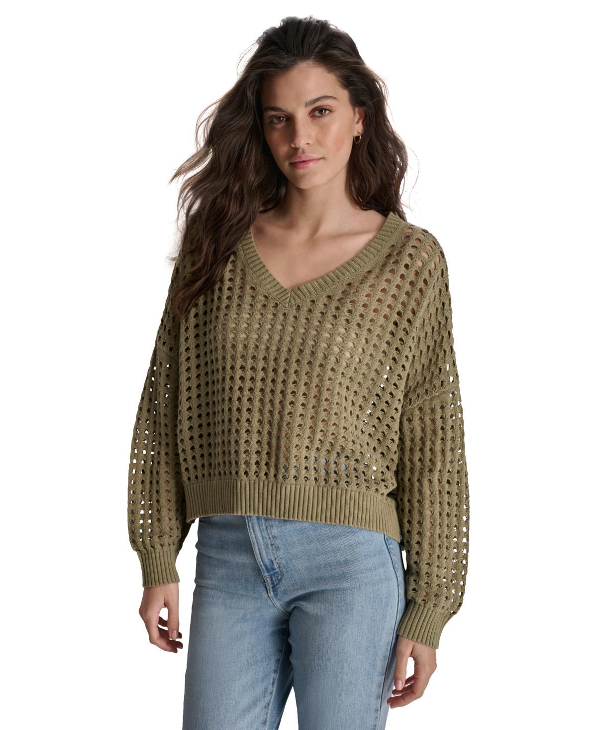 Dkny Jeans Womens V-Neck Open-Stitch Cotton Sweater Product Image