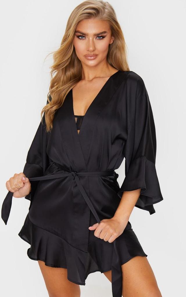 Black Frill Sleeve Satin Robe Product Image