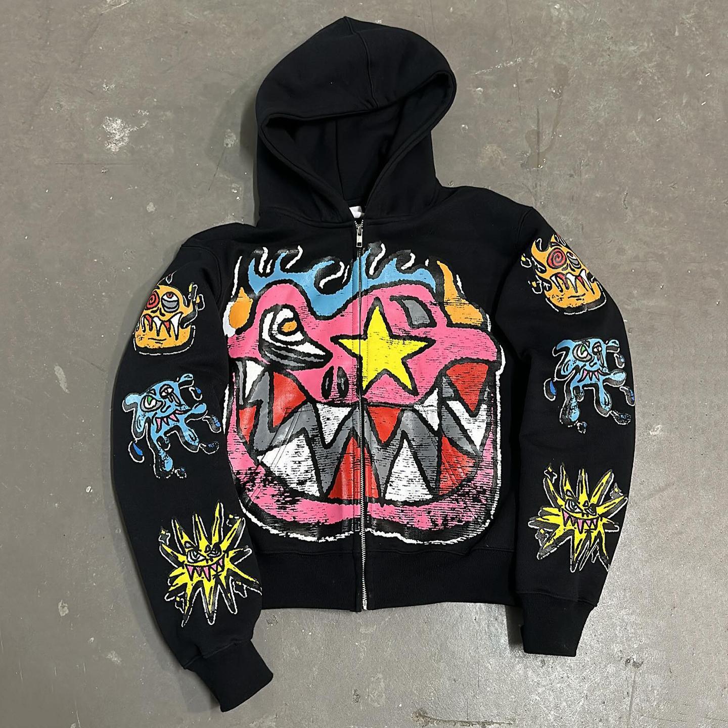 Colorful Monsters Graphic Loose Velvet Pocket Zip Hoodie Product Image