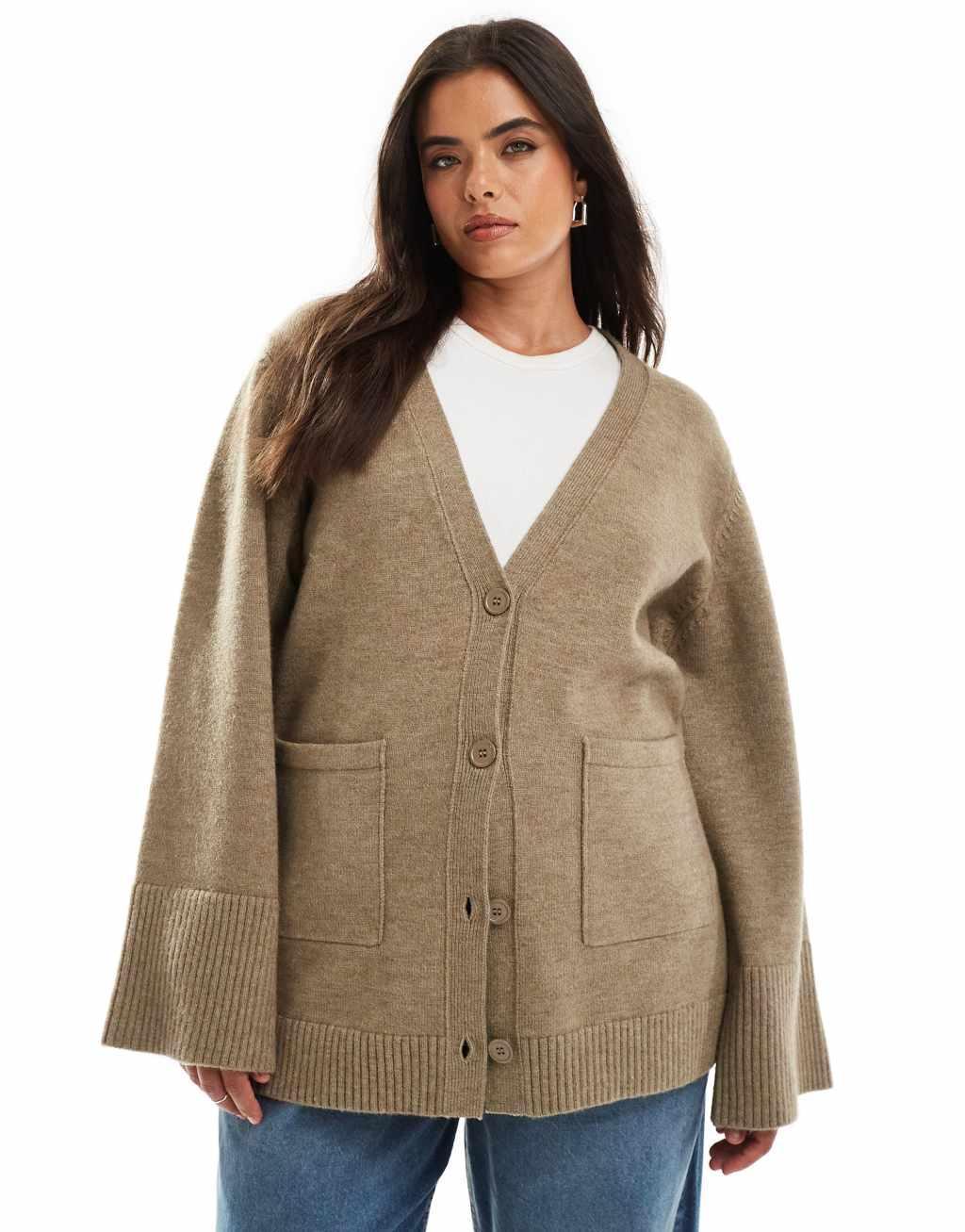 Pretty Lavish Curve chunky cuff knit cardigan in taupe Product Image