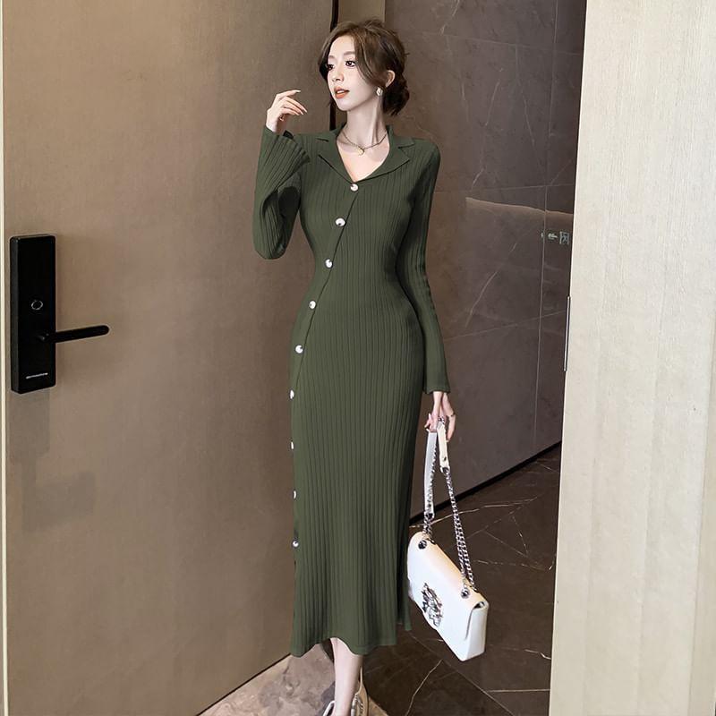 Long-Sleeve V-Neck Asymmetrical Plain Button-Up Midi Knit Dress Product Image