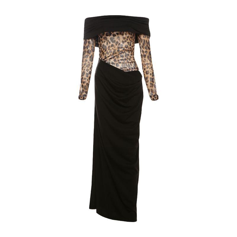 Long Sleeve Off-Shoulder Leopard Print Cut-Out Slim-Fit Maxi Bodycon Dress Product Image