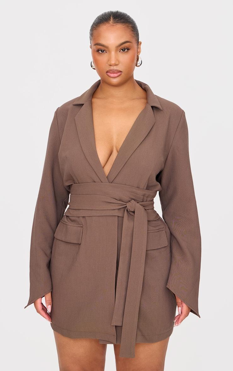 Plus Chocolate Woven Belted Blazer Dress Product Image