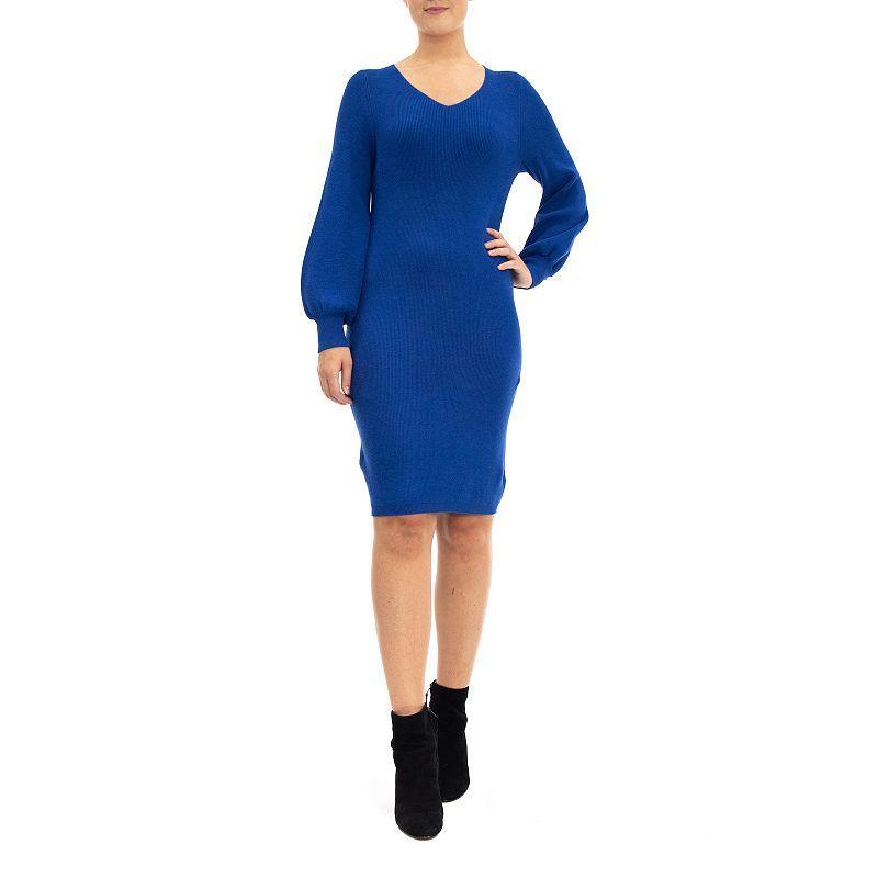 Womens Nina Leonard Balloon-Sleeve Sheath Sweater Dress Blue Product Image