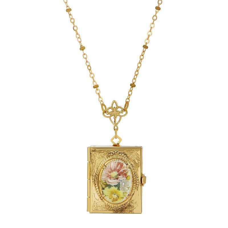 1928 Gold Tone Multi Color Floral Cabochon Four-Slot Book Locket Necklace, Womens, White Product Image