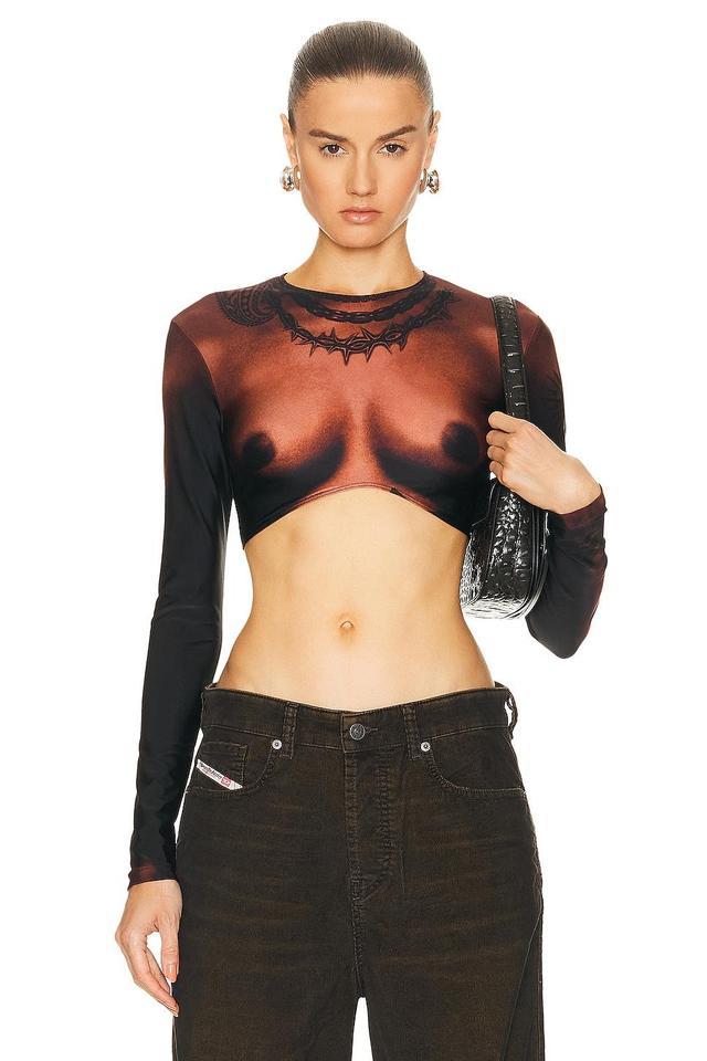 Jean Paul Gaultier Printed Corps Long Sleeve Cropped Top in Brown Product Image