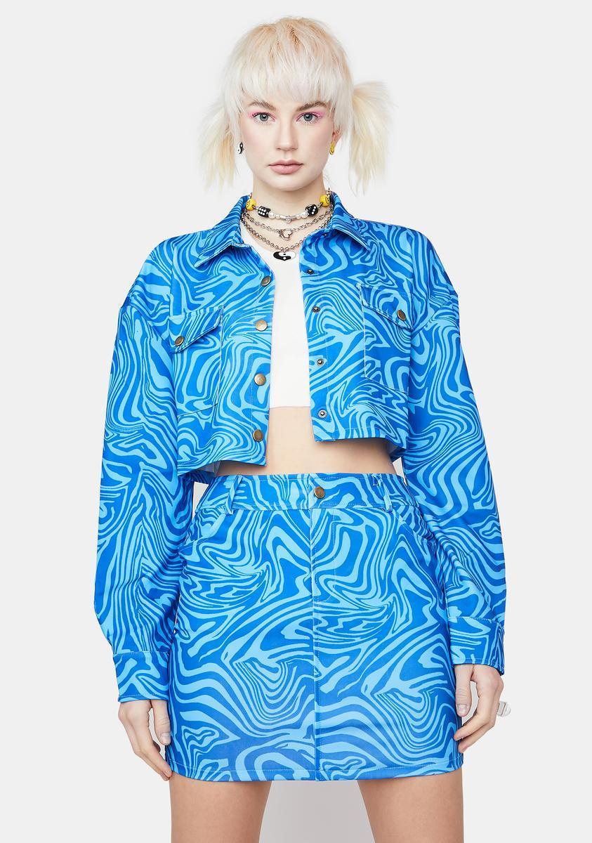 Swirl Print Boxy Jacket And Mini Skirt Set - Blue Product Image