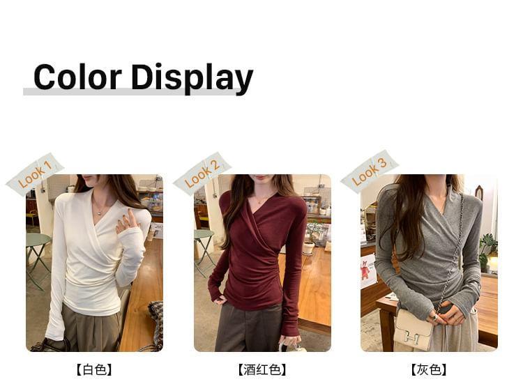 Long Sleeve V-Neck Plain Ruched Wrap T-Shirt Product Image