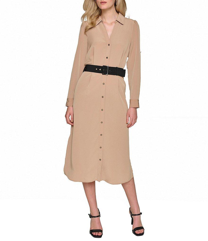 KARL LAGERFELD PARIS Silky Crepe Collar V-Neck Long Sleeve Button Front Midi Dress Product Image