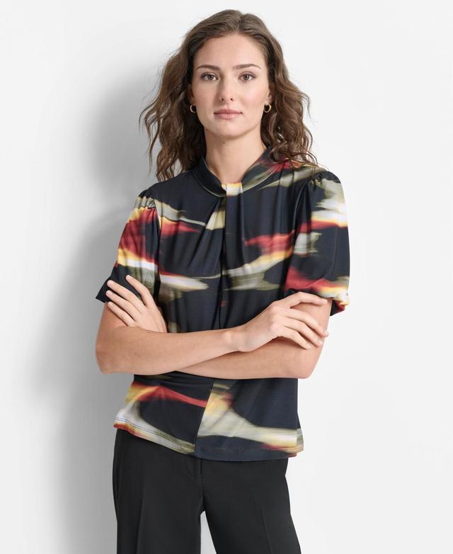 Dkny Womens Abstract-Print Twist-Neck Keyhole Blouse Product Image