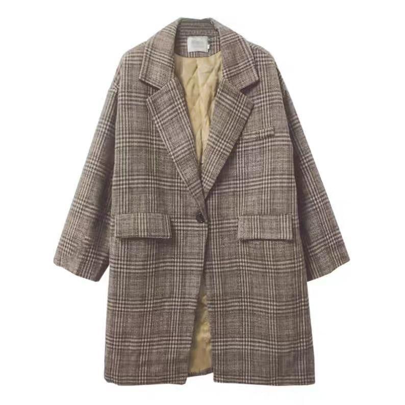 Lapel Collar Plaid Long Single-Button Coat Product Image