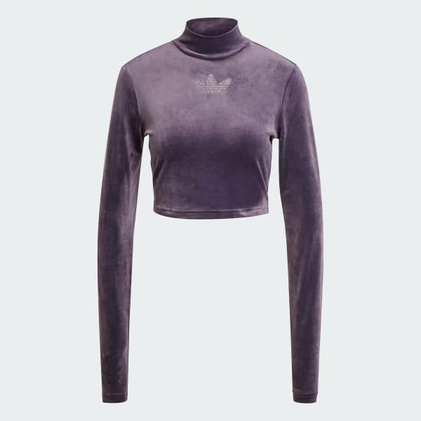 Long Sleeve Rhinestone Trefoil Velvet Crop Top Product Image