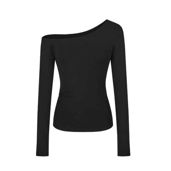 Long-Sleeve One-Shoulder Plain Tee Product Image