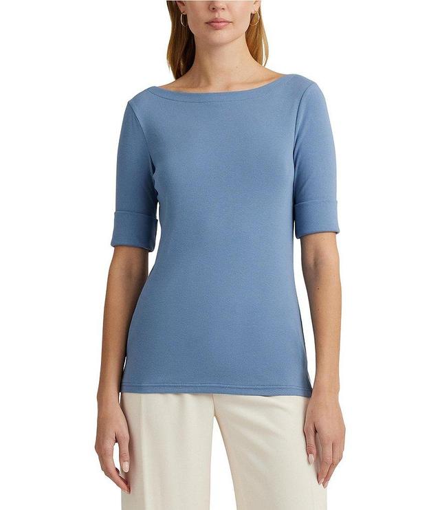 Lauren Ralph Lauren Stretch Cotton Blend Boat Neck Short Rolled Sleeve Shirt Product Image