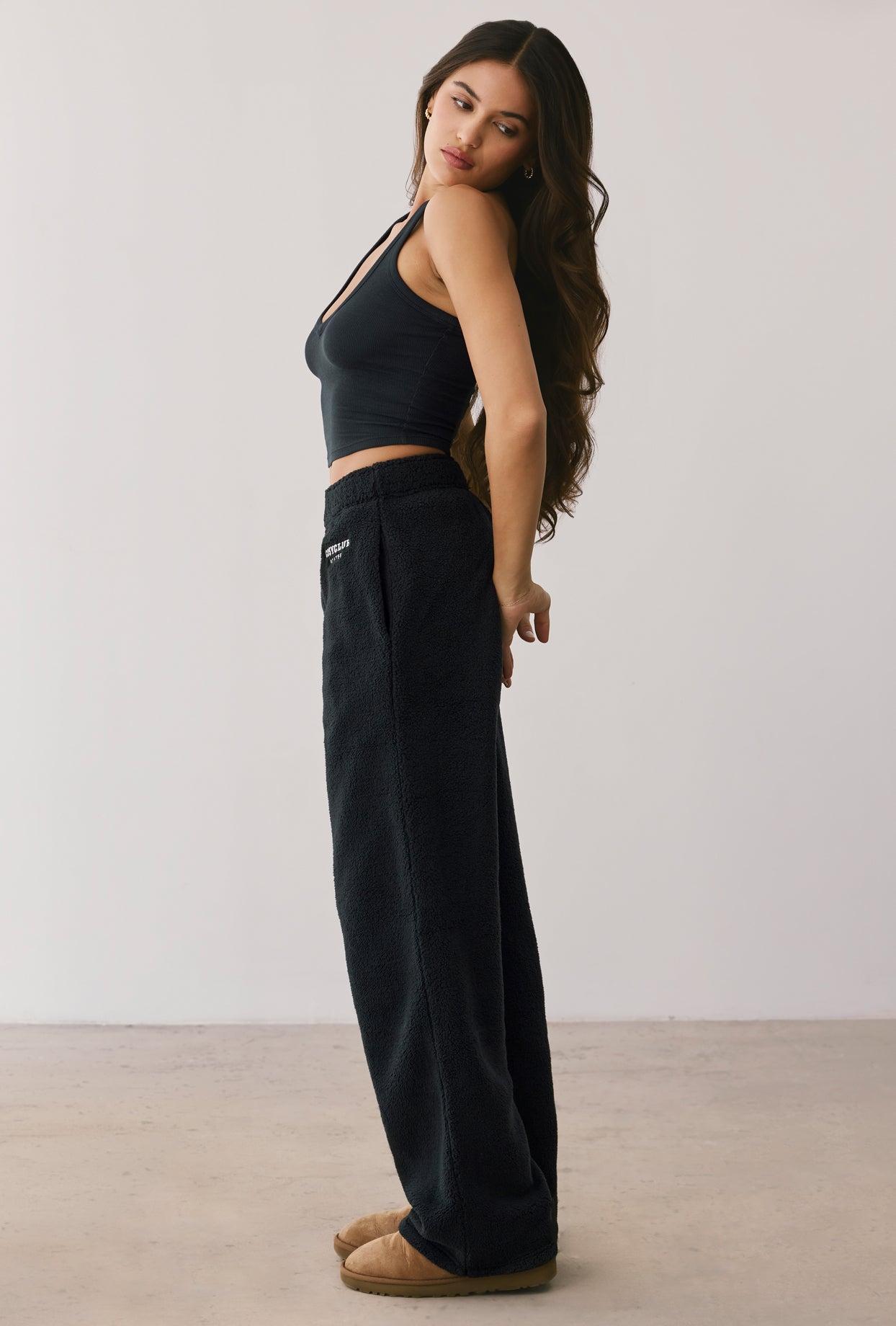 Petite Fleece Wide Leg Joggers in Onyx Product Image