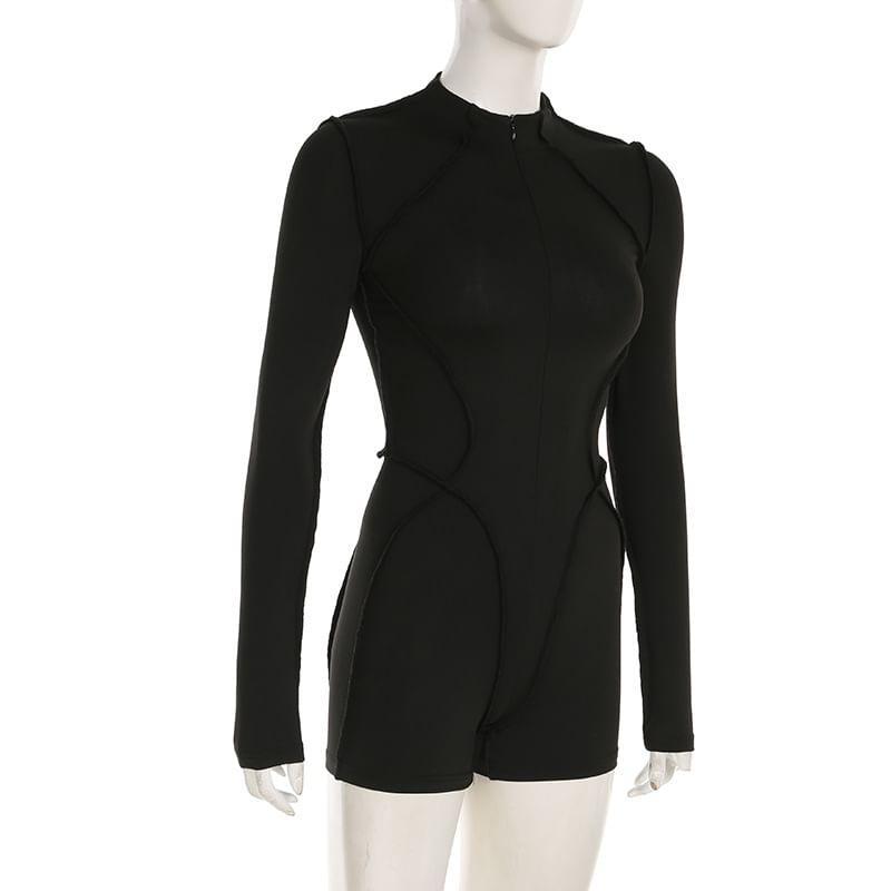 Long-Sleeve Mock Neck Plain Zip Front Slim Fit Romper Product Image