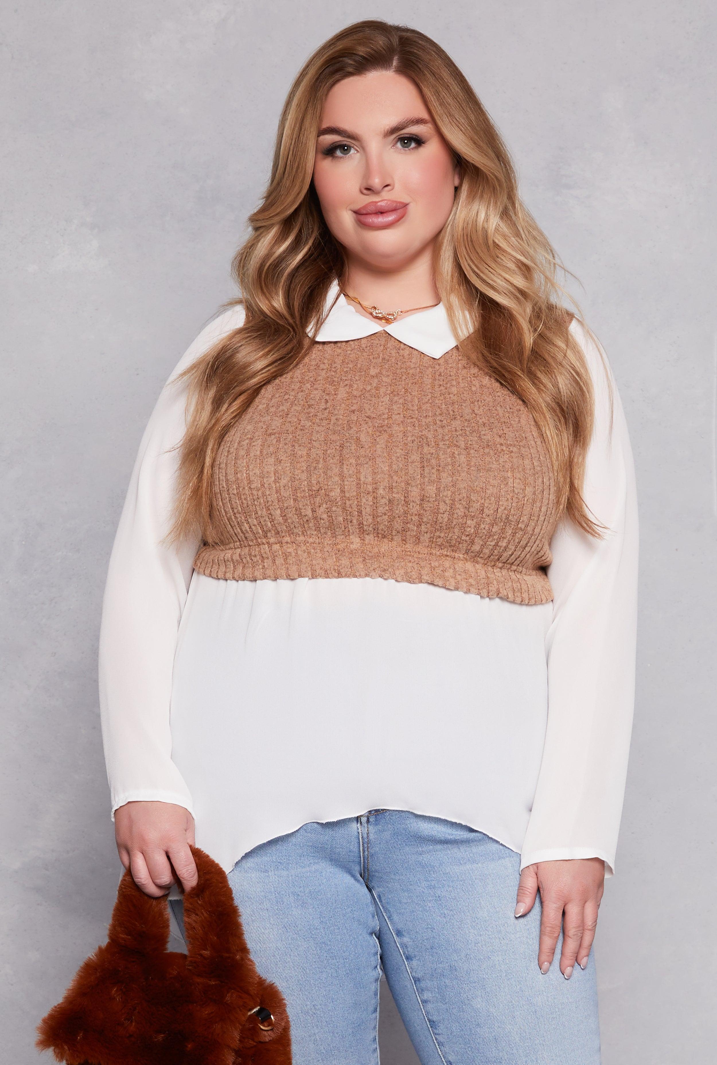 Womens Plus Size Brushed Knit Sweater Vest Blouse Product Image