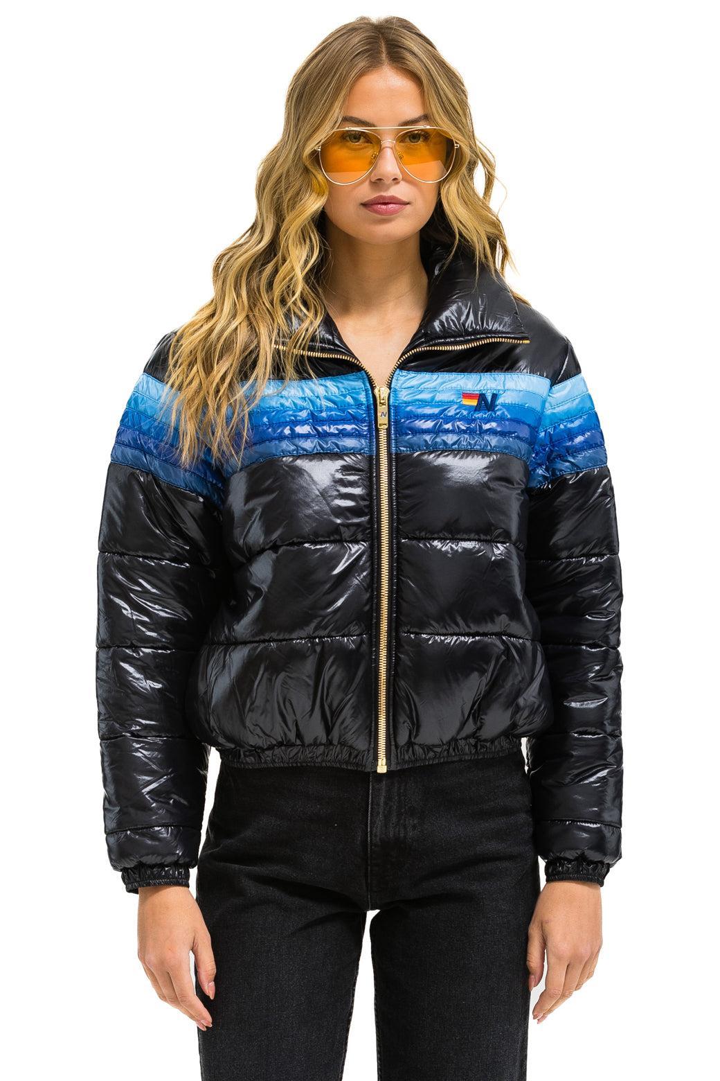 5 STRIPE LUXE APRES PUFFER JACKET - GLOSSY BLACK // BLUE STRIPES Female Product Image