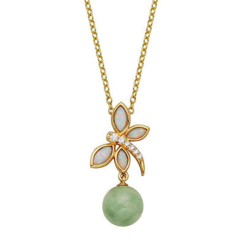 Dynasty Jade 18k Gold Over Silver Lab-Created Opal Dragonfly & Green Jade Bead Necklace, Womens Sterling Product Image