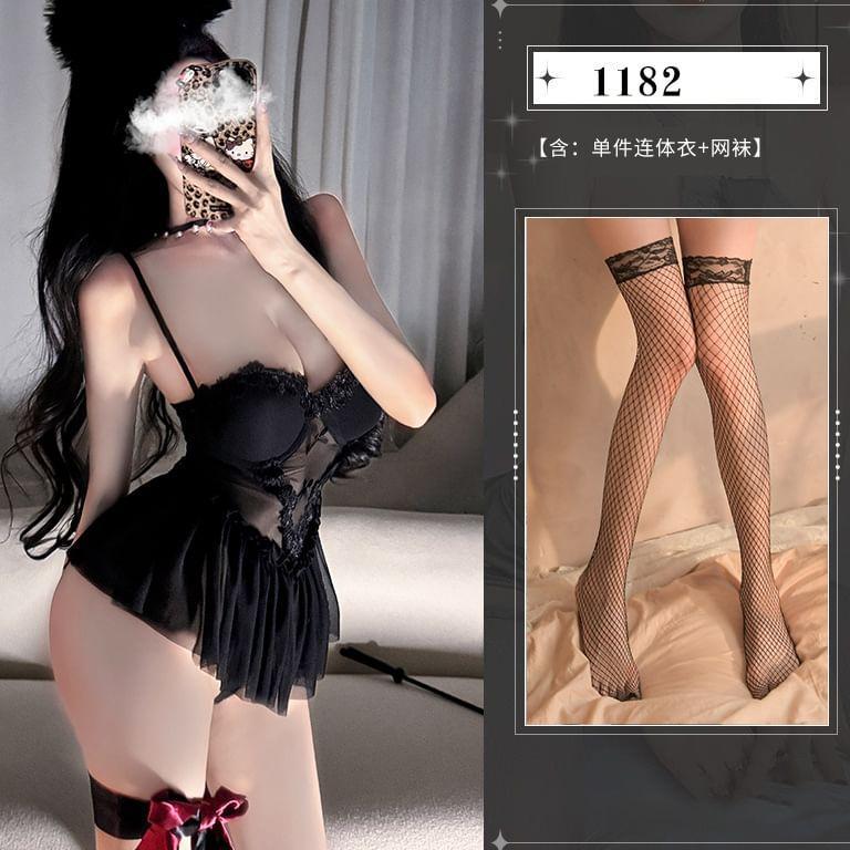 Bow Mesh Babydoll / Stockings / Set Product Image