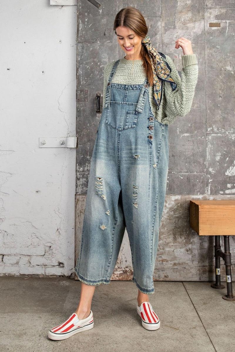 WASHED DENIM LOOSE FIT OVERALLS Product Image