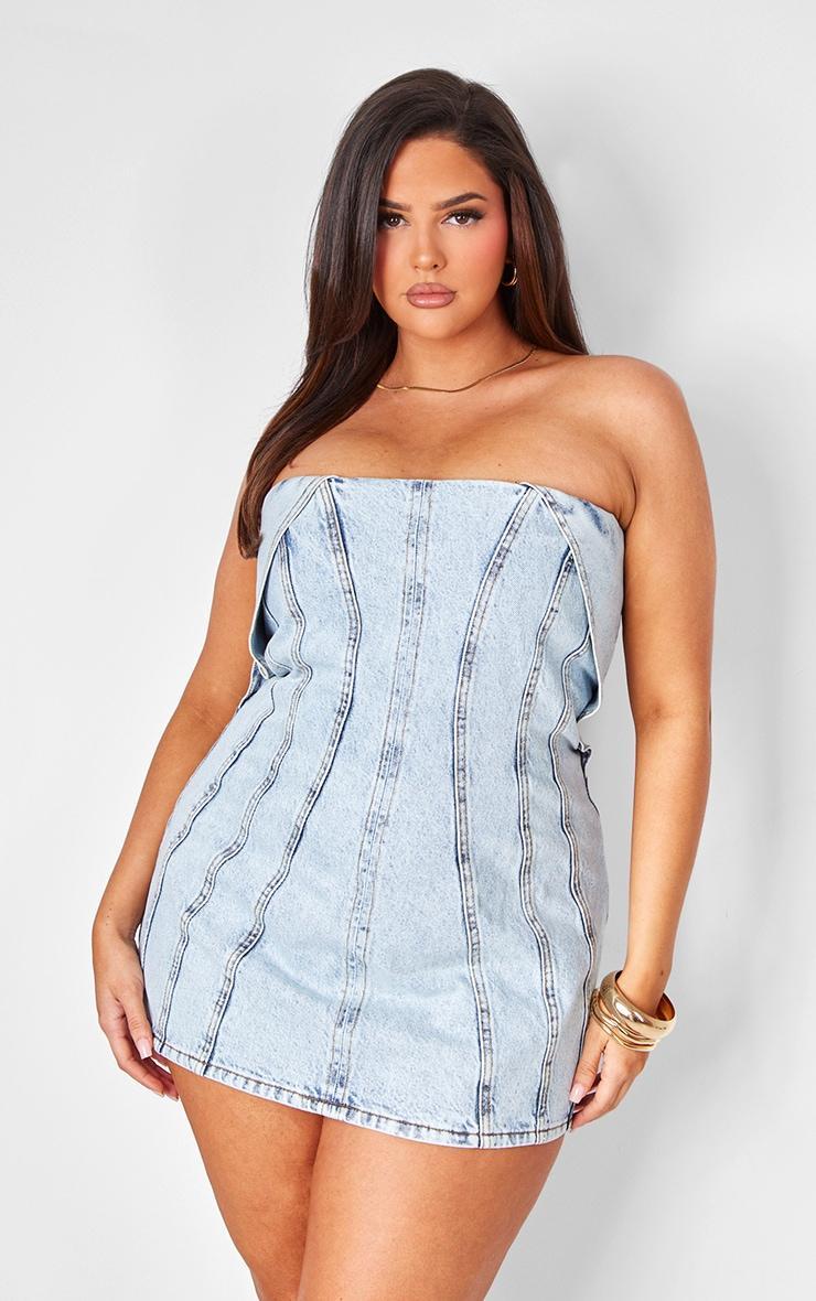 Plus Light Blue Seam Fold Over Bust Detail Denim Dress Product Image