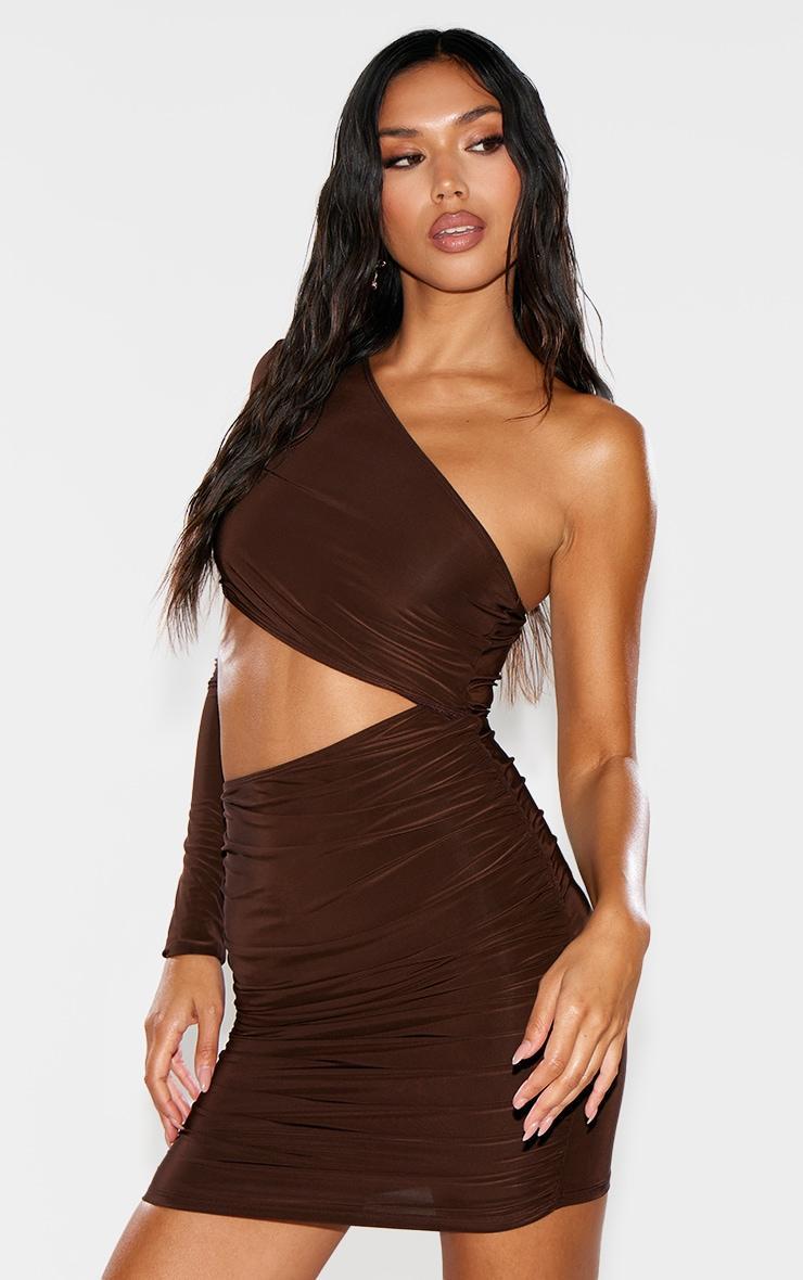 Chocolate Slinky One Shoulder Waist Cut Out Ruched Bodycon Product Image