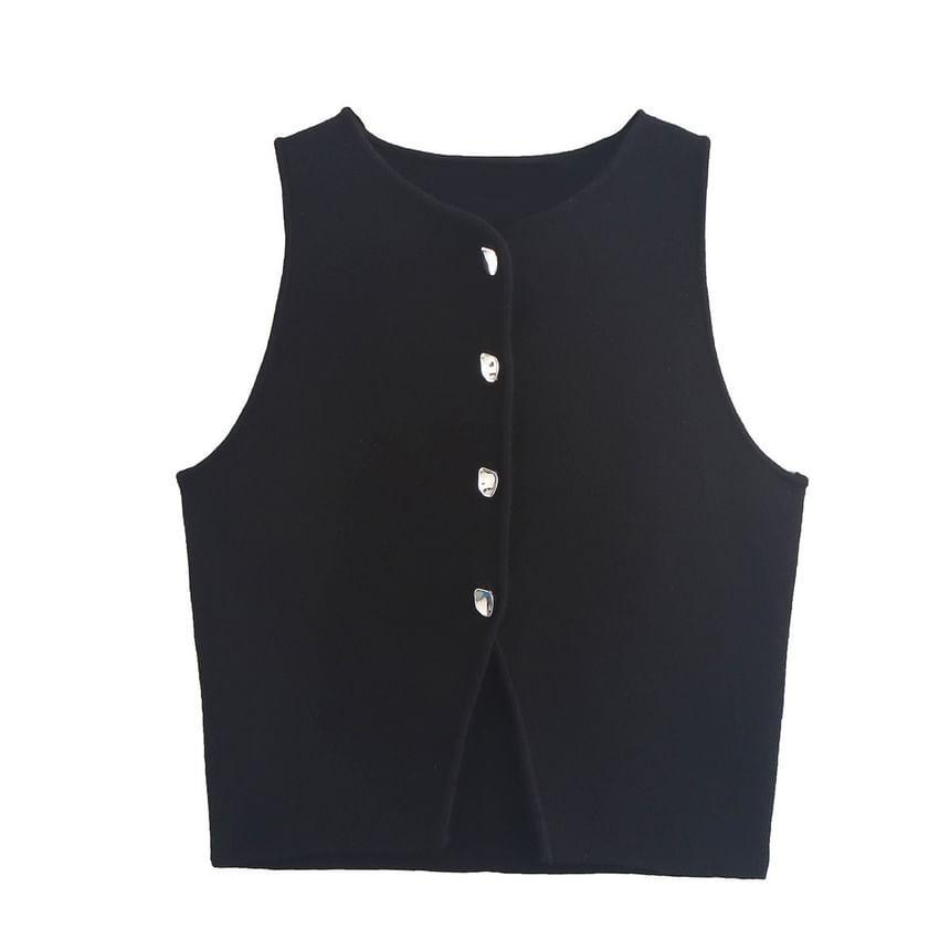 Round Neck Plain Button Sweater Vest Product Image