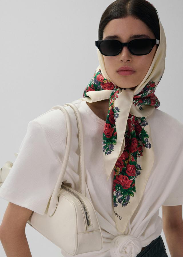 Folk floral print scarf in cream Product Image